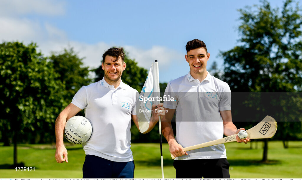 26 June 2019; AIG Insurance, proud sponsor of the Golfing Union of Ireland and Irish Ladies Golf Union, today launched this year’s AIG Cups & Shields in GUI National Headquarters with the help from AIG Senior Foursomes champion, Eleanor Metcalfe, 2018 AIG Irish Close Champion, Robbie Cannon and Dublin GAA stars Eoghan O’Donnell and Kevin McManamon. AIG Insurance is offering exclusive discount to GUI and ILGU members. For a quote, go to www.aig.ie/golfer or call 1890 405 405 and see how much you could save! Pictured at the AIG Insurance GUI & ILGU Cups & Shields Launch at Carton House in Maynooth are Kevin McManamon, left, and Eoghan O’Donnell of Dublin. Photo by Sam Barnes/Sportsfile
