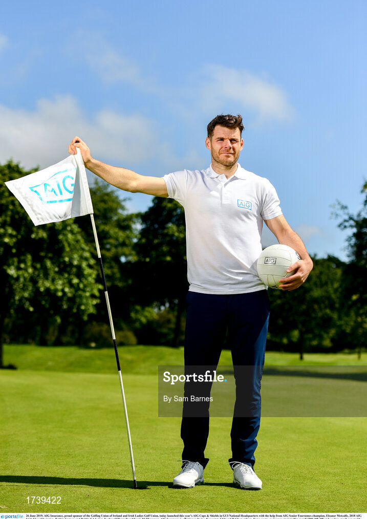 26 June 2019; AIG Insurance, proud sponsor of the Golfing Union of Ireland and Irish Ladies Golf Union, today launched this year’s AIG Cups & Shields in GUI National Headquarters with the help from AIG Senior Foursomes champion, Eleanor Metcalfe, 2018 AIG Irish Close Champion, Robbie Cannon and Dublin GAA stars Eoghan O’Donnell and Kevin McManamon. AIG Insurance is offering exclusive discount to GUI and ILGU members. For a quote, go to www.aig.ie/golfer or call 1890 405 405 and see how much you could save! Pictured at the AIG Insurance GUI & ILGU Cups & Shields Launch at Carton House in Maynooth is Kevin McManamon of Dublin. Photo by Sam Barnes/Sportsfile