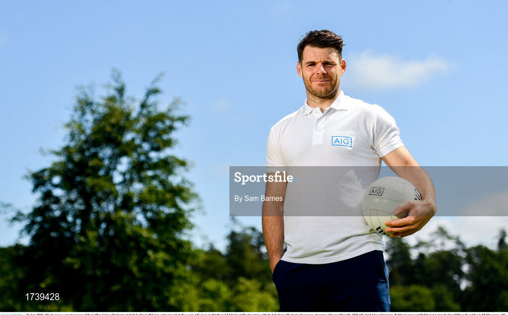 26 June 2019; AIG Insurance, proud sponsor of the Golfing Union of Ireland and Irish Ladies Golf Union, today launched this year’s AIG Cups & Shields in GUI National Headquarters with the help from AIG Senior Foursomes champion, Eleanor Metcalfe, 2018 AIG Irish Close Champion, Robbie Cannon and Dublin GAA stars Eoghan O’Donnell and Kevin McManamon. AIG Insurance is offering exclusive discount to GUI and ILGU members. For a quote, go to www.aig.ie/golfer or call 1890 405 405 and see how much you could save! Pictured at the AIG Insurance GUI & ILGU Cups & Shields Launch at Carton House in Maynooth is Kevin McManamon of Dublin. Photo by Sam Barnes/Sportsfile