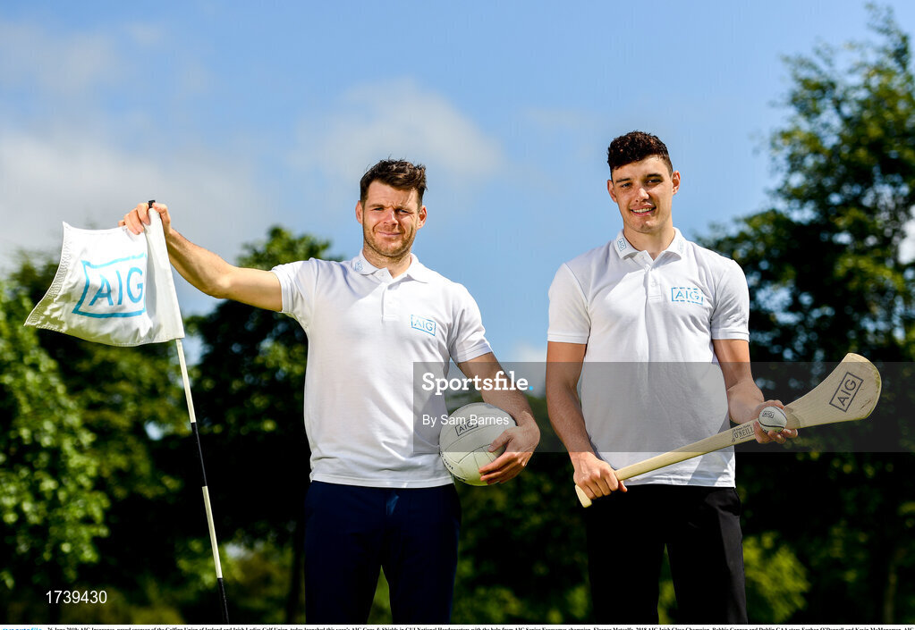 26 June 2019; AIG Insurance, proud sponsor of the Golfing Union of Ireland and Irish Ladies Golf Union, today launched this year’s AIG Cups & Shields in GUI National Headquarters with the help from AIG Senior Foursomes champion, Eleanor Metcalfe, 2018 AIG Irish Close Champion, Robbie Cannon and Dublin GAA stars Eoghan O’Donnell and Kevin McManamon. AIG Insurance is offering exclusive discount to GUI and ILGU members. For a quote, go to www.aig.ie/golfer or call 1890 405 405 and see how much you could save! Pictured at the AIG Insurance GUI & ILGU Cups & Shields Launch at Carton House in Maynooth are Kevin McManamon, left, and Eoghan O’Donnell of Dublin. Photo by Sam Barnes/Sportsfile