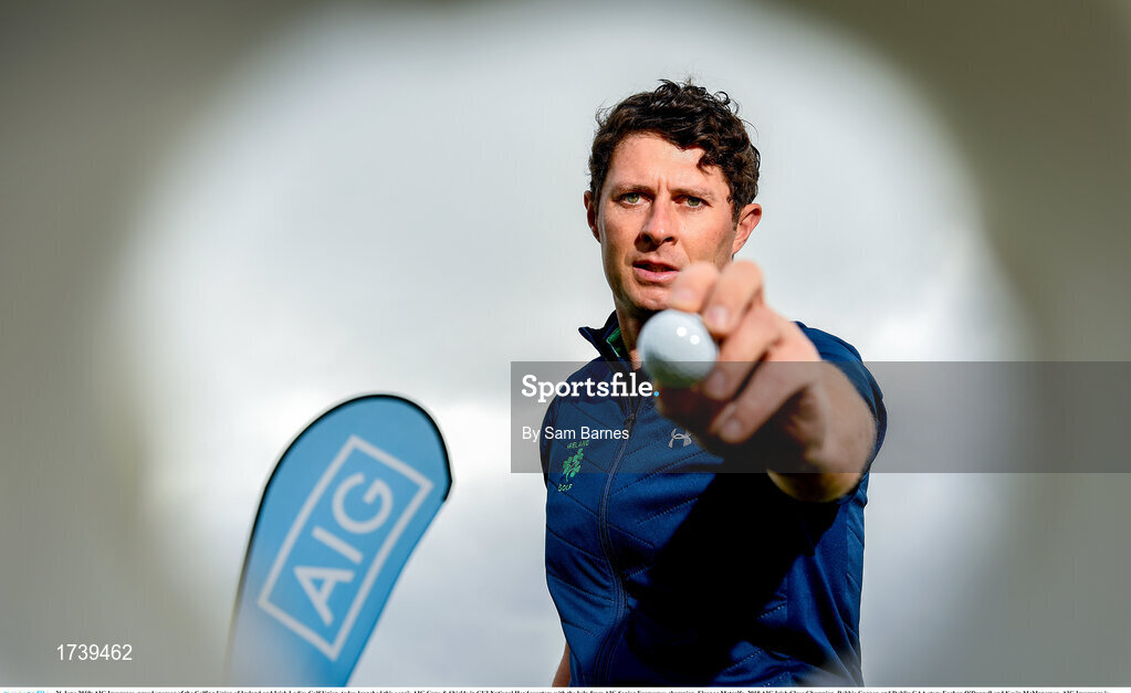 26 June 2019; AIG Insurance, proud sponsor of the Golfing Union of Ireland and Irish Ladies Golf Union, today launched this year’s AIG Cups & Shields in GUI National Headquarters with the help from AIG Senior Foursomes champion, Eleanor Metcalfe, 2018 AIG Irish Close Champion, Robbie Cannon and Dublin GAA stars Eoghan O’Donnell and Kevin McManamon. AIG Insurance is offering exclusive discount to GUI and ILGU members. For a quote, go to www.aig.ie/golfer or call 1890 405 405 and see how much you could save! Pictured at the AIG Insurance GUI & ILGU Cups & Shields Launch at Carton House in Maynooth is Robbie Cannon of Balbriggan Golf Club. Photo by Sam Barnes/Sportsfile