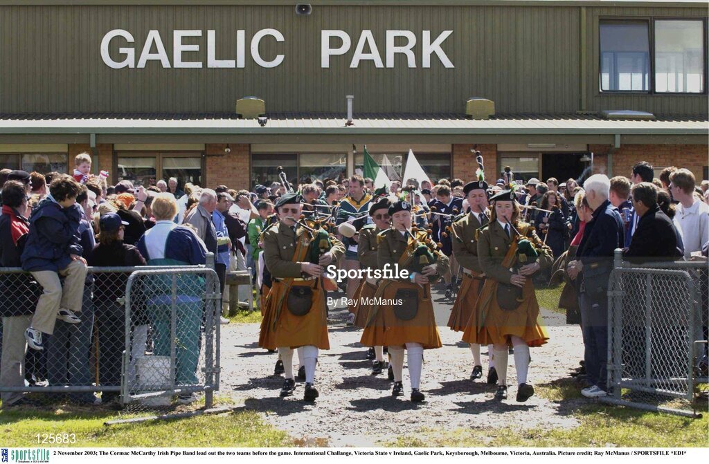 2 November 2003; The Cormac McCarthy Irish Pipe Band lead out the two teams before the game. International Challange, Victoria State v Ireland, Gaelic Park, Keysborough, Melbourne, Victoria, Australia. Picture credit; Ray McManus / SPORTSFILE *EDI*