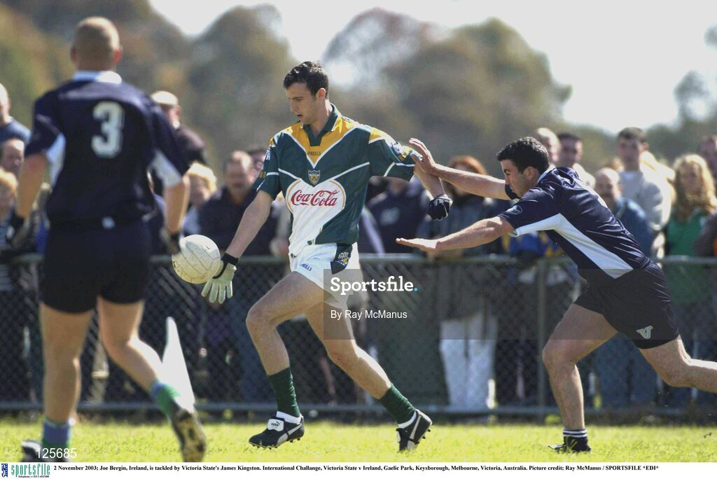 2 November 2003; Joe Bergin, Ireland, is tackled by Victoria State's James Kingston. International Challange, Victoria State v Ireland, Gaelic Park, Keysborough, Melbourne, Victoria, Australia. Picture credit; Ray McManus / SPORTSFILE *EDI*