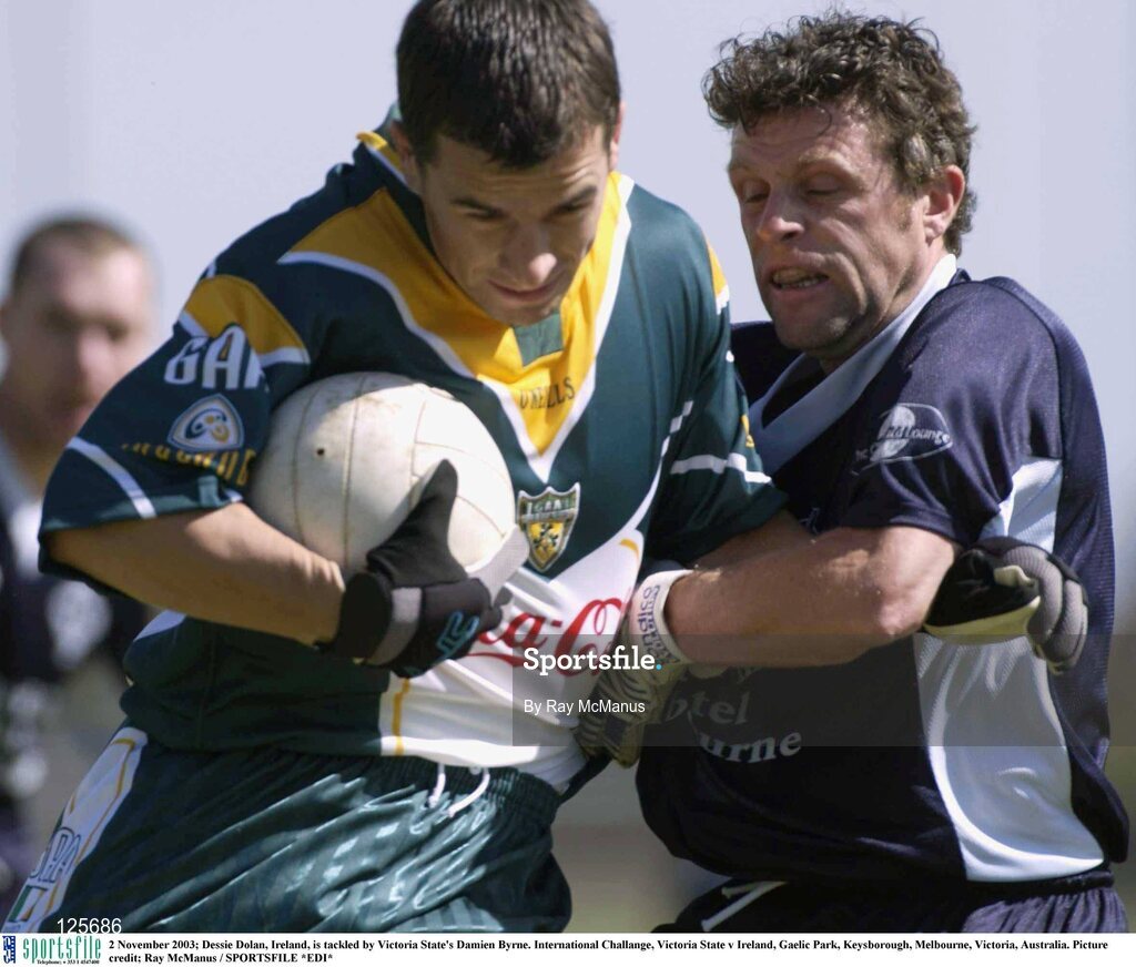 2 November 2003; Dessie Dolan, Ireland, is tackled by Victoria State's Damien Byrne. International Challange, Victoria State v Ireland, Gaelic Park, Keysborough, Melbourne, Victoria, Australia. Picture credit; Ray McManus / SPORTSFILE *EDI*