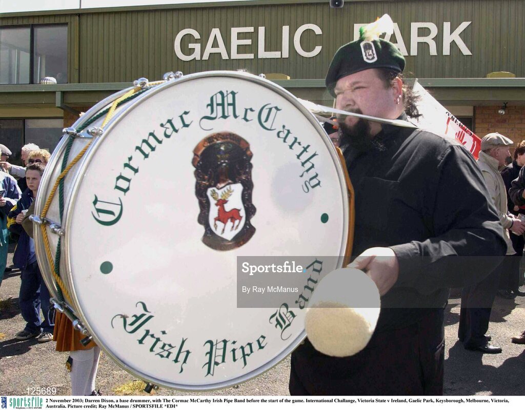 2 November 2003; Darren Dixon, a base drummer, with The Cormac McCarthy Irish Pipe Band before the start of the game. International Challange, Victoria State v Ireland, Gaelic Park, Keysborough, Melbourne, Victoria, Australia. Picture credit; Ray McManus / SPORTSFILE *EDI*