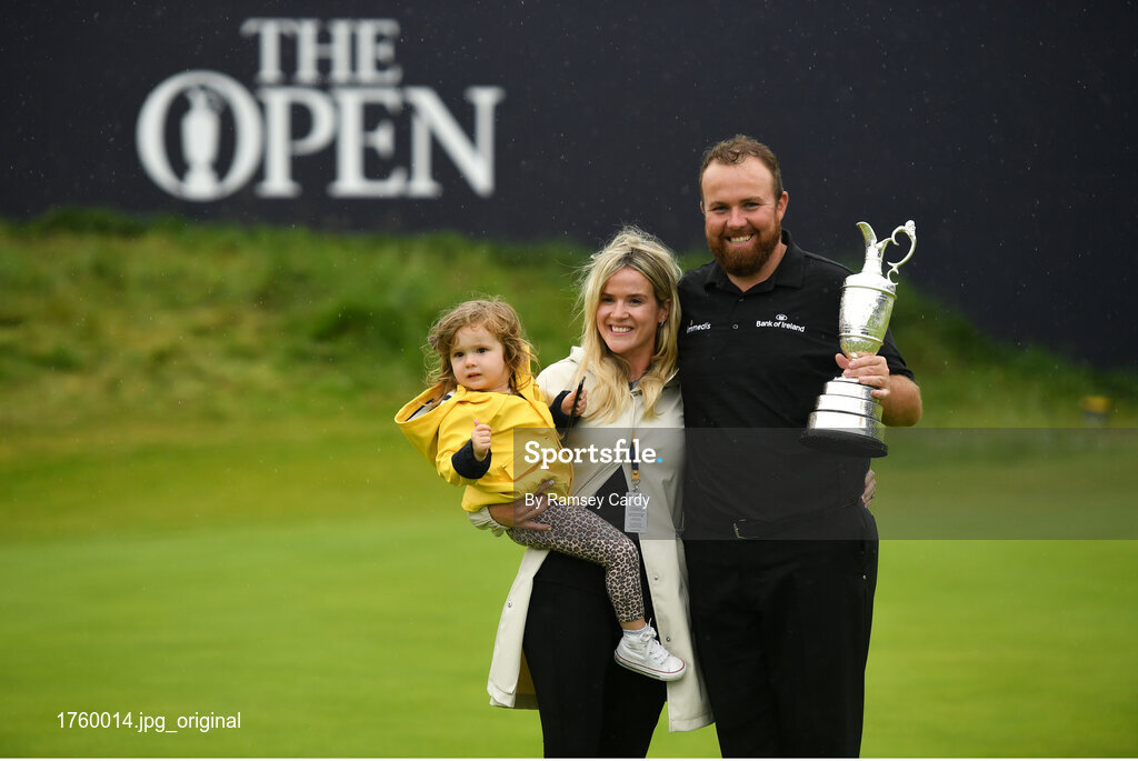 21 July 2019; Shane Lowry of Ireland celebrates with his wife Wendy Horner and daughter Iris and the Claret Jug after winning The Open Championship on Day Four of the 148th Open Championship at Royal Portrush in Portrush, Co Antrim. Photo by Ramsey Cardy/Sportsfile