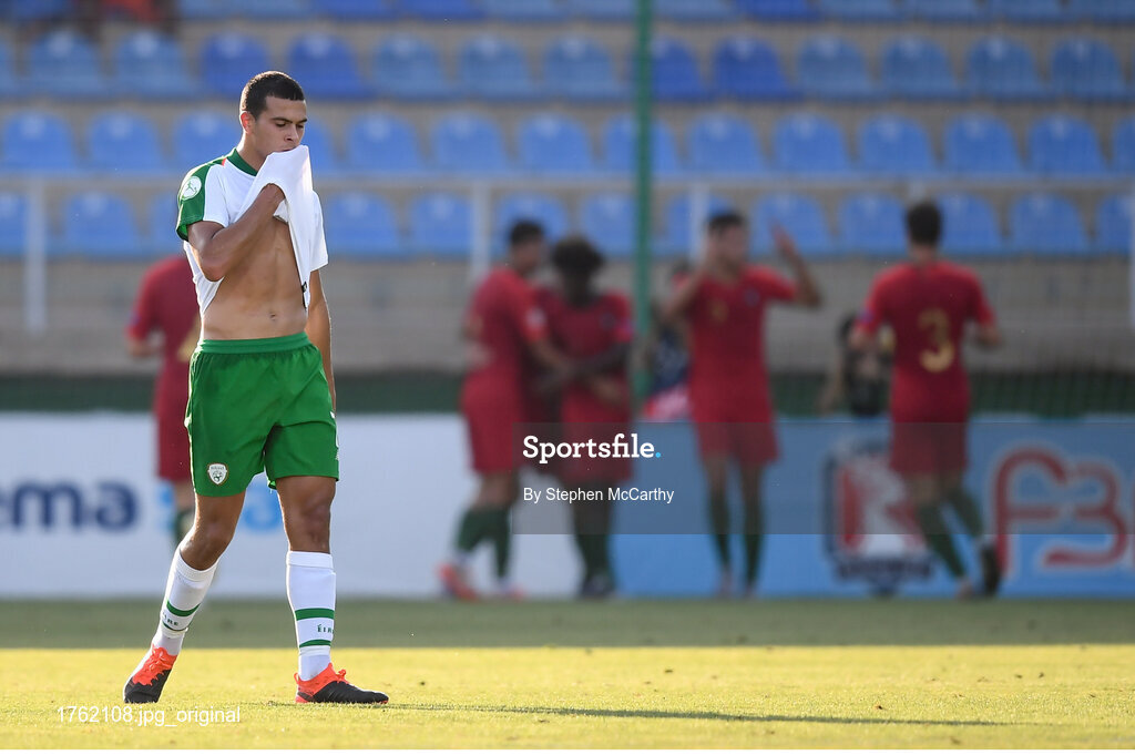 24 July 2019; Ali Reghba of Republic of Ireland after his side conceeded a second goal during the 2019 UEFA U19 Championships semi-final match between Portugal and Republic of Ireland at Banants Stadium in Yerevan, Armenia. Photo by Stephen McCarthy/Sportsfile