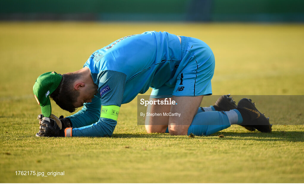 24 July 2019; Republic of Ireland goalkeeper Brian Maher reacts after conceeding his side's third goal during the 2019 UEFA U19 Championships semi-final match between Portugal and Republic of Ireland at Banants Stadium in Yerevan, Armenia. Photo by Stephen McCarthy/Sportsfile