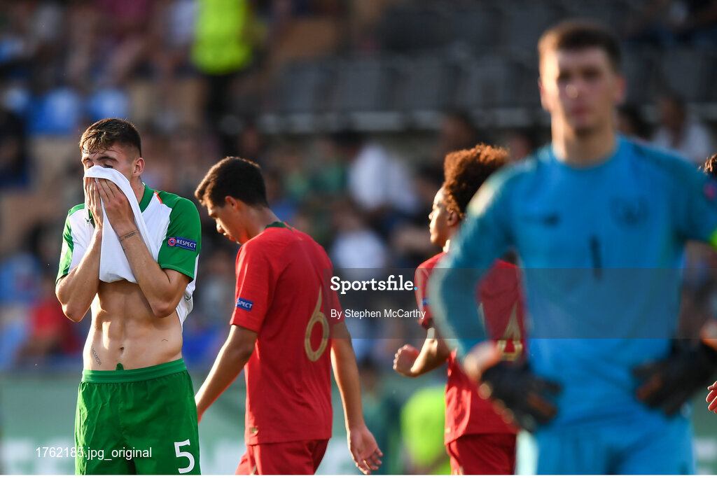 24 July 2019; Oisin McEntee of Republic of Ireland reacts after his side conceeded a third goal during the 2019 UEFA U19 Championships semi-final match between Portugal and Republic of Ireland at Banants Stadium in Yerevan, Armenia. Photo by Stephen McCarthy/Sportsfile