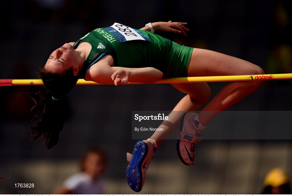 27 July 2019; Aoife O'Sullivan of Ireland competes in the final of the girls high jump event at the Tofiq Bahramov Republican Stadium during Day Six of the 2019 Summer European Youth Olympic Festival in Baku, Azerbaijan. Photo by Eóin Noonan/Sportsfile