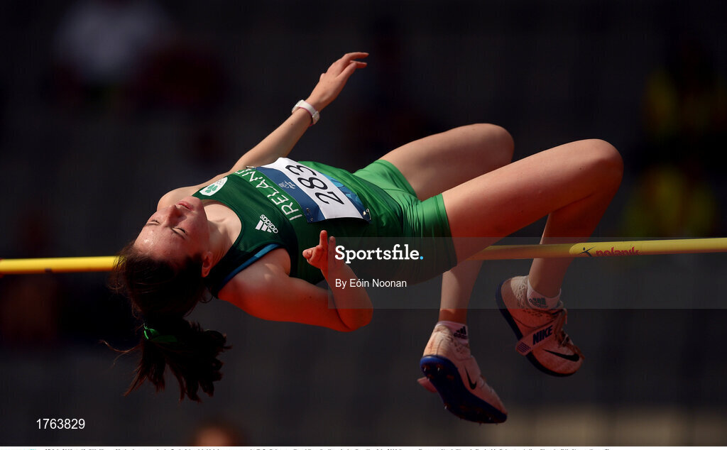 27 July 2019; Aoife O'Sullivan of Ireland competes in the final of the girls high jump event at the Tofiq Bahramov Republican Stadium during Day Six of the 2019 Summer European Youth Olympic Festival in Baku, Azerbaijan. Photo by Eóin Noonan/Sportsfile
