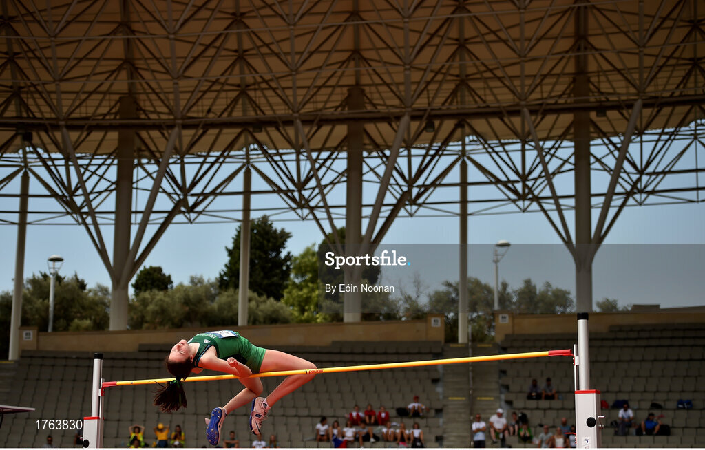 27 July 2019; Aoife O'Sullivan of Ireland competes in the final of the girls high jump event at the Tofiq Bahramov Republican Stadium during Day Six of the 2019 Summer European Youth Olympic Festival in Baku, Azerbaijan. Photo by Eóin Noonan/Sportsfile