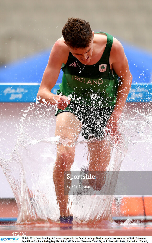 27 July 2019; John Fanning of Ireland competes in the final of the boys 2000m steeplechase event at the Tofiq Bahramov Republican Stadium during Day Six of the 2019 Summer European Youth Olympic Festival in Baku, Azerbaijan. Photo by Eóin Noonan/Sportsfile