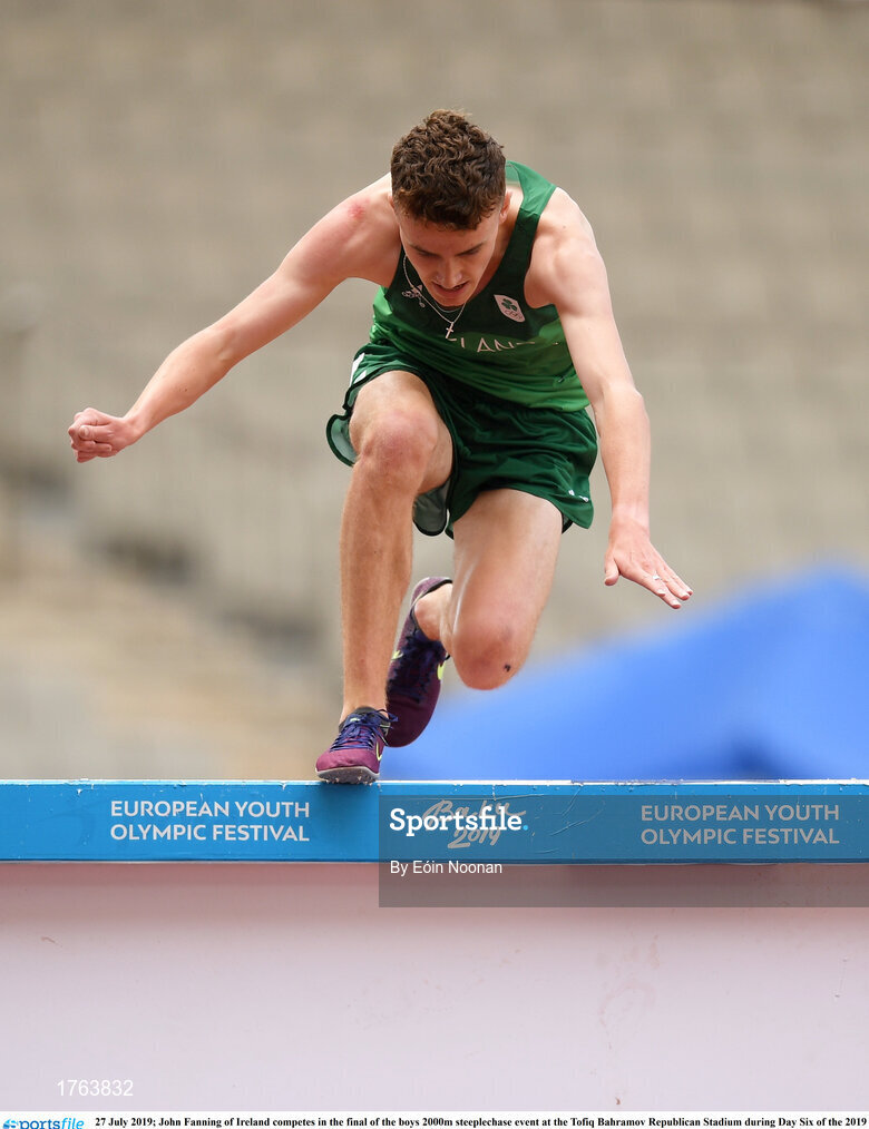 27 July 2019; John Fanning of Ireland competes in the final of the boys 2000m steeplechase event at the Tofiq Bahramov Republican Stadium during Day Six of the 2019 Summer European Youth Olympic Festival in Baku, Azerbaijan. Photo by Eóin Noonan/Sportsfile