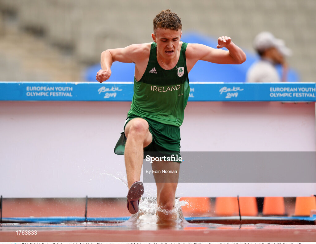27 July 2019; John Fanning of Ireland competes in the final of the boys 2000m steeplechase event at the Tofiq Bahramov Republican Stadium during Day Six of the 2019 Summer European Youth Olympic Festival in Baku, Azerbaijan. Photo by Eóin Noonan/Sportsfile