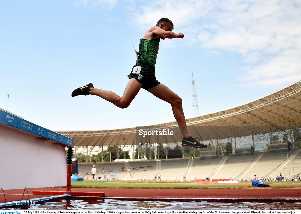 27 July 2019; John Fanning of Ireland competes in the final of the boys 2000m steeplechase event at the Tofiq Bahramov Republican Stadium during Day Six of the 2019 Summer European Youth Olympic Festival in Baku, Azerbaijan. Photo by Eóin Noonan/Sportsfile
