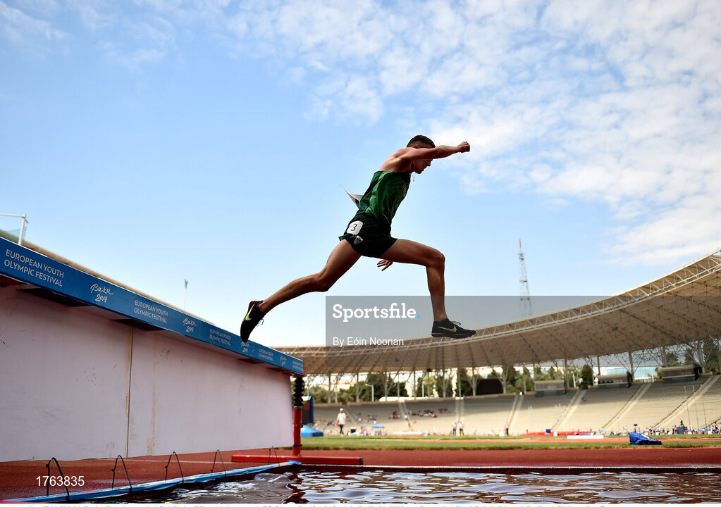 27 July 2019; John Fanning of Ireland competes in the final of the boys 2000m steeplechase event at the Tofiq Bahramov Republican Stadium during Day Six of the 2019 Summer European Youth Olympic Festival in Baku, Azerbaijan. Photo by Eóin Noonan/Sportsfile