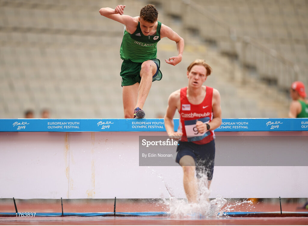27 July 2019; John Fanning of Ireland competes in the final of the boys 2000m steeplechase event at the Tofiq Bahramov Republican Stadium during Day Six of the 2019 Summer European Youth Olympic Festival in Baku, Azerbaijan. Photo by Eóin Noonan/Sportsfile
