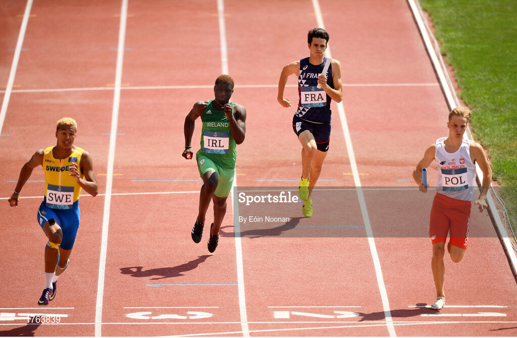 27 July 2019; Israel Olatunde of Ireland competes in the final of the boys medley relay event at the Tofiq Bahramov Republican Stadium during Day Six of the 2019 Summer European Youth Olympic Festival in Baku, Azerbaijan. Photo by Eóin Noonan/Sportsfile