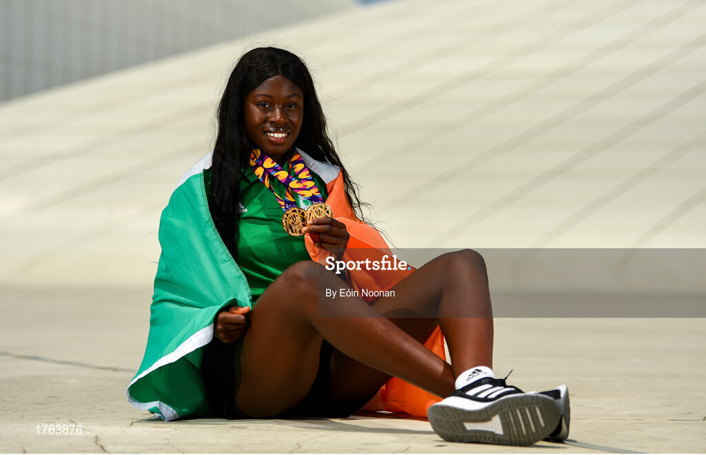 27 July 2019; Rhasidat Adeleke of Ireland poses for a portrait with her 100m Gold medal and her 200m gold medal in front of the Heydar Aliyev Center in Baku during Day Six of the 2019 Summer European Youth Olympic Festival in Baku, Azerbaijan. Photo by Eóin Noonan/Sportsfile