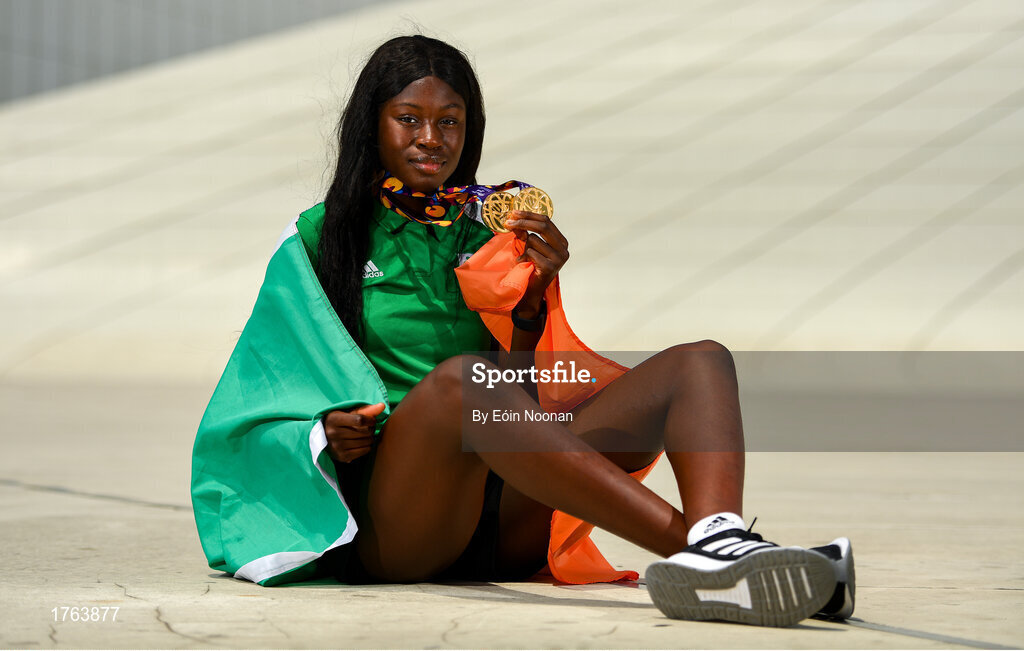 27 July 2019; Rhasidat Adeleke of Ireland poses for a portrait with her 100m Gold medal and her 200m gold medal in front of the Heydar Aliyev Center in Baku during Day Six of the 2019 Summer European Youth Olympic Festival in Baku, Azerbaijan. Photo by Eóin Noonan/Sportsfile