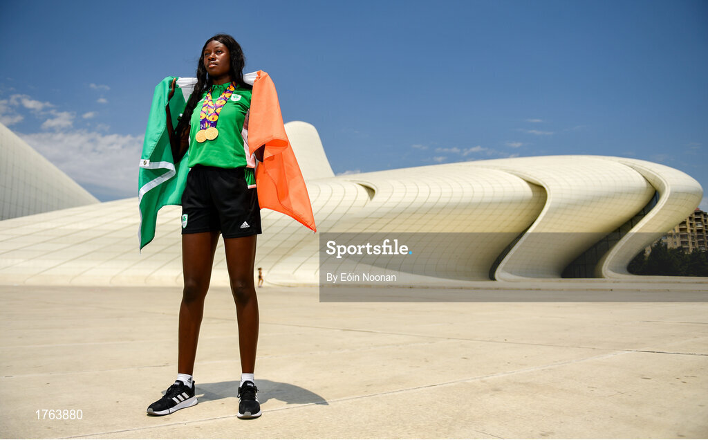 27 July 2019; Rhasidat Adeleke of Ireland poses for a portrait with her 100m Gold medal and her 200m gold medal in front of the Heydar Aliyev Center in Baku during Day Six of the 2019 Summer European Youth Olympic Festival in Baku, Azerbaijan. Photo by Eóin Noonan/Sportsfile