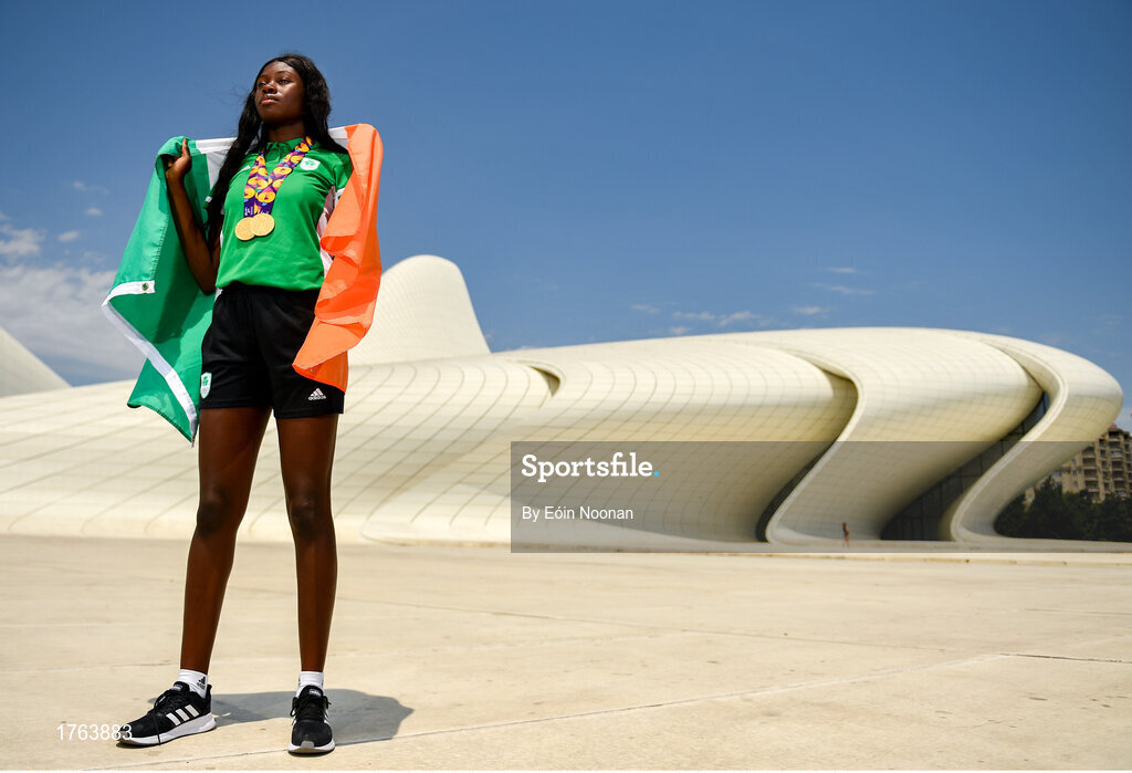 27 July 2019; Rhasidat Adeleke of Ireland poses for a portrait with her 100m Gold medal and her 200m gold medal in front of the Heydar Aliyev Center in Baku during Day Six of the 2019 Summer European Youth Olympic Festival in Baku, Azerbaijan. Photo by Eóin Noonan/Sportsfile