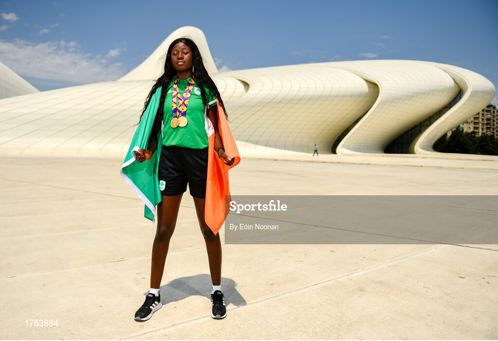 27 July 2019; Rhasidat Adeleke of Ireland poses for a portrait with her 100m Gold medal and her 200m gold medal in front of the Heydar Aliyev Center in Baku during Day Six of the 2019 Summer European Youth Olympic Festival in Baku, Azerbaijan. Photo by Eóin Noonan/Sportsfile