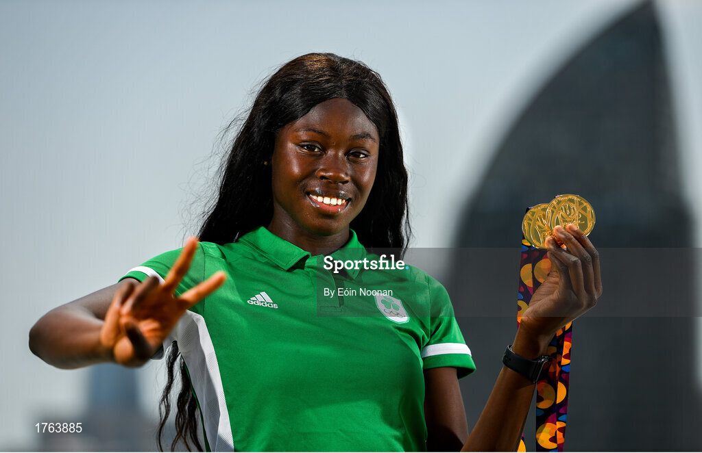 27 July 2019; Rhasidat Adeleke of Ireland poses for a portrait with her 100m Gold medal and her 200m gold medal in front of the Heydar Aliyev Center in Baku during Day Six of the 2019 Summer European Youth Olympic Festival in Baku, Azerbaijan. Photo by Eóin Noonan/Sportsfile