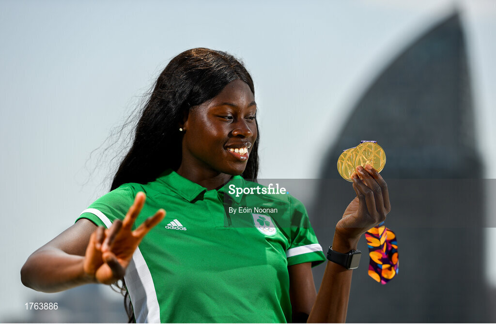 27 July 2019; Rhasidat Adeleke of Ireland poses for a portrait with her 100m Gold medal and her 200m gold medal in front of the Heydar Aliyev Center in Baku during Day Six of the 2019 Summer European Youth Olympic Festival in Baku, Azerbaijan. Photo by Eóin Noonan/Sportsfile
