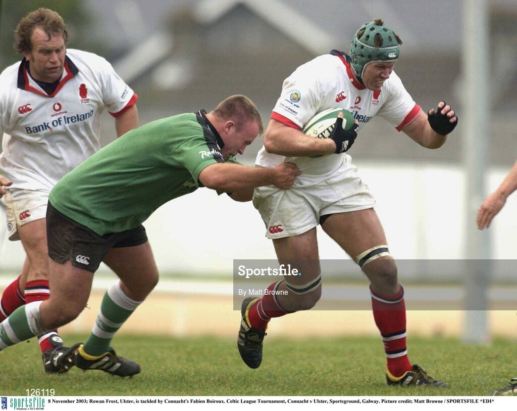 8 November 2003; Rowan Frost, Ulster, is tackled by Connacht's Fabien Boiroux. Celtic League Tournament, Connacht v Ulster, Sportsground, Galway. Picture credit; Matt Browne / SPORTSFILE *EDI*