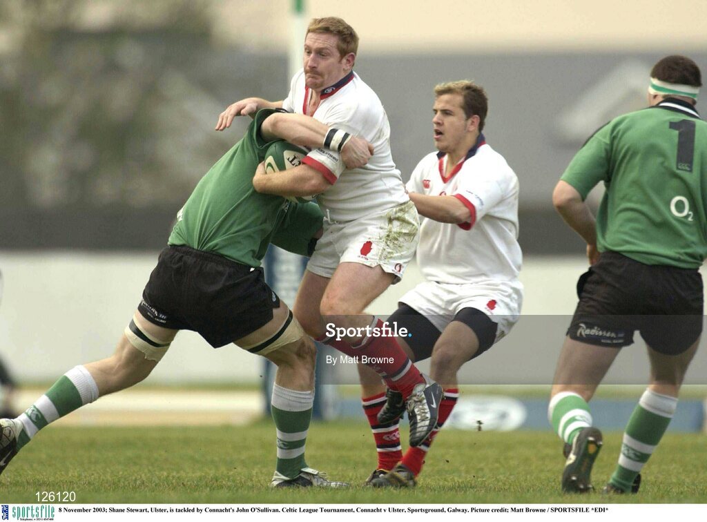 8 November 2003; Shane Stewart, Ulster, is tackled by Connacht's John O'Sullivan. Celtic League Tournament, Connacht v Ulster, Sportsground, Galway. Picture credit; Matt Browne / SPORTSFILE *EDI*