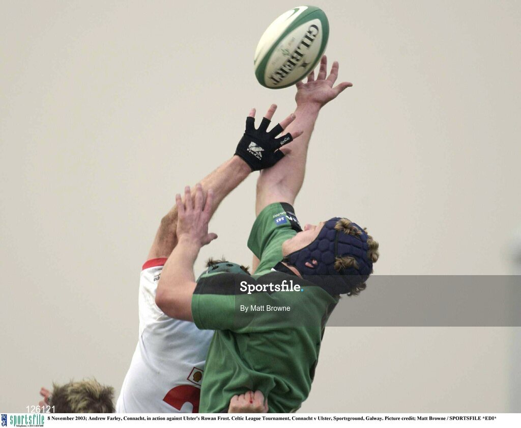 8 November 2003; Andrew Farley, Connacht, in action against Ulster's Rowan Frost. Celtic League Tournament, Connacht v Ulster, Sportsground, Galway. Picture credit; Matt Browne / SPORTSFILE *EDI*