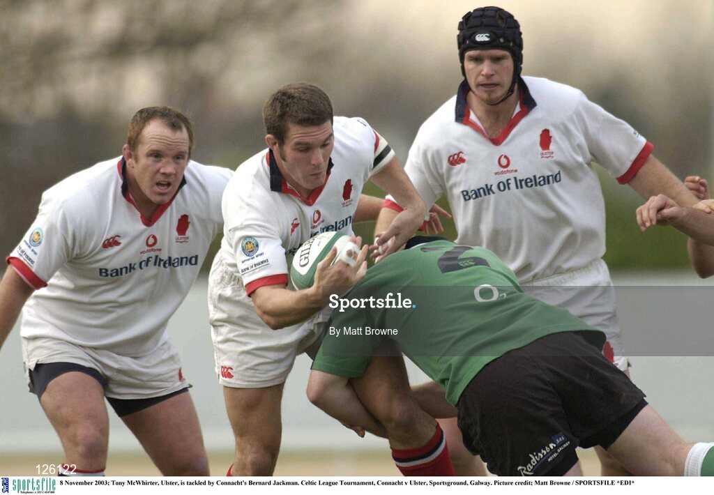 8 November 2003; Tony McWhirter, Ulster, is tackled by Connacht's Bernard Jackman. Celtic League Tournament, Connacht v Ulster, Sportsground, Galway. Picture credit; Matt Browne / SPORTSFILE *EDI*