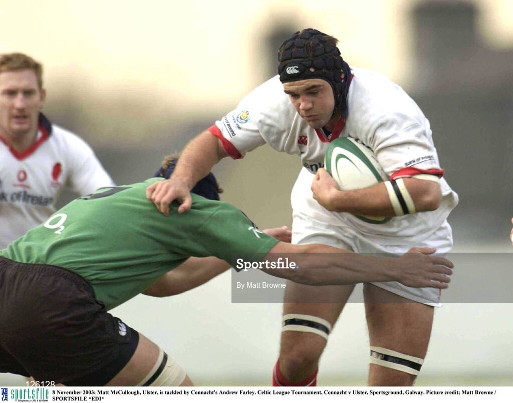 8 November 2003; Matt McCullough, Ulster, is tackled by Connacht's Andrew Farley. Celtic League Tournament, Connacht v Ulster, Sportsground, Galway. Picture credit; Matt Browne / SPORTSFILE *EDI*