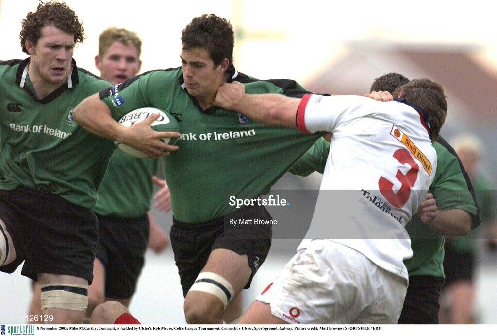 8 November 2003; Mike McCarthy, Connacht, is tackled by Ulster's Rob Moore. Celtic League Tournament, Connacht v Ulster, Sportsground, Galway. Picture credit; Matt Browne / SPORTSFILE *EDI*