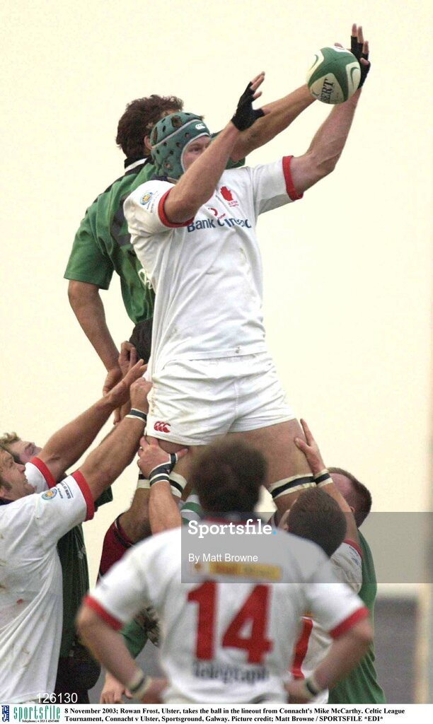 8 November 2003; Rowan Frost, Ulster, takes the ball in the lineout from Connacht's Mike McCarthy. Celtic League Tournament, Connacht v Ulster, Sportsground, Galway. Picture credit; Matt Browne / SPORTSFILE *EDI*