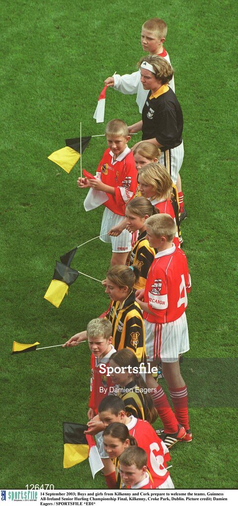 14 September 2003; Boys and girls from Kilkenny and Cork prepare to welcome the teams. Guinness All-Ireland Senior Hurling Championship Final, Kilkenny v Cork, Croke Park, Dublin. Picture credit; Damien Eagers / SPORTSFILE *EDI*