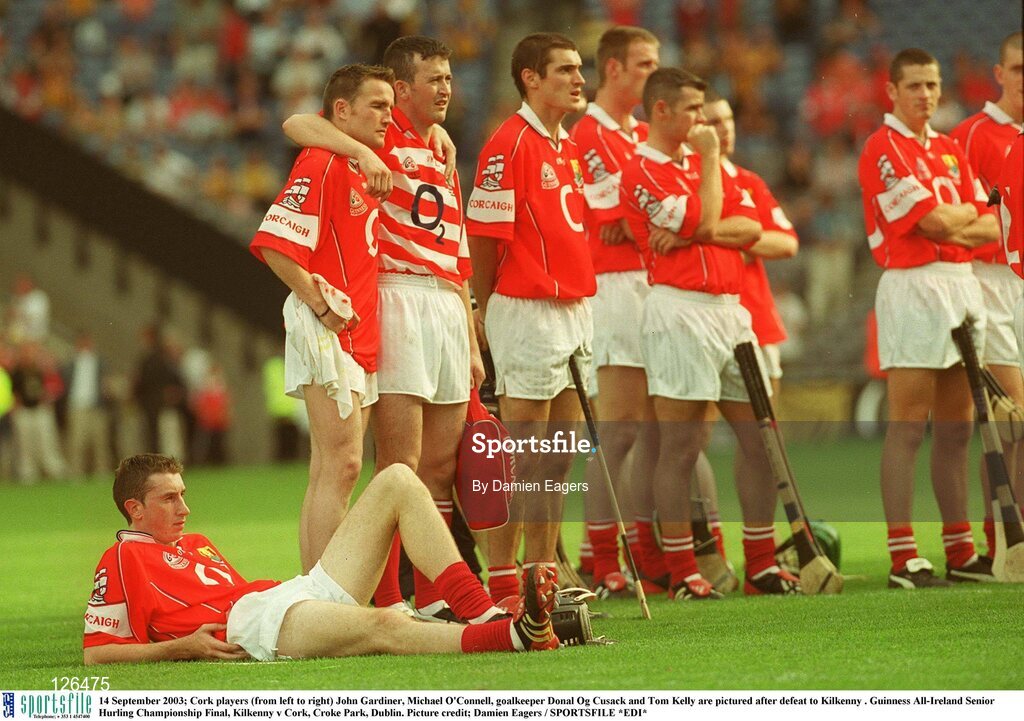 14 September 2003; Cork players (from left to right) John Gardiner, Michael O'Connell, goalkeeper Donal Og Cusack and Tom Kelly are pictured after defeat to Kilkenny. Guinness All-Ireland Senior Hurling Championship Final, Kilkenny v Cork, Croke Park, Dublin. Picture credit; Damien Eagers / SPORTSFILE *EDI*