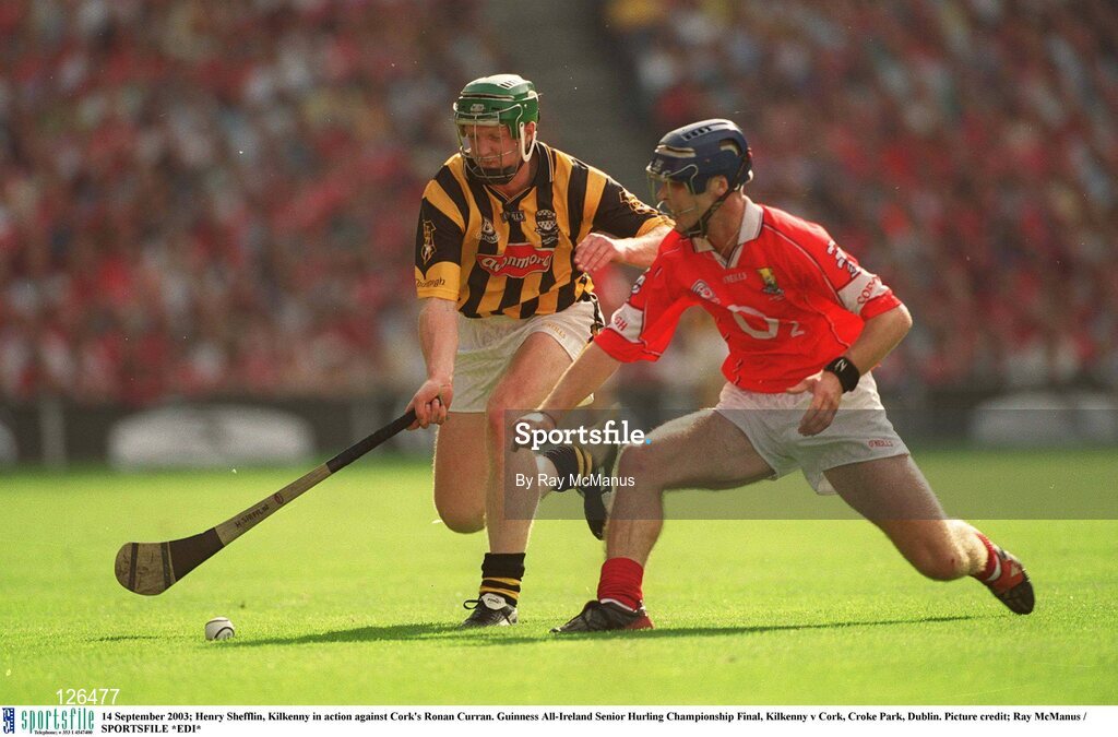 14 September 2003; Henry Shefflin, Kilkenny in action against Cork's Ronan Curran. Guinness All-Ireland Senior Hurling Championship Final, Kilkenny v Cork, Croke Park, Dublin. Picture credit; Ray McManus / SPORTSFILE *EDI*