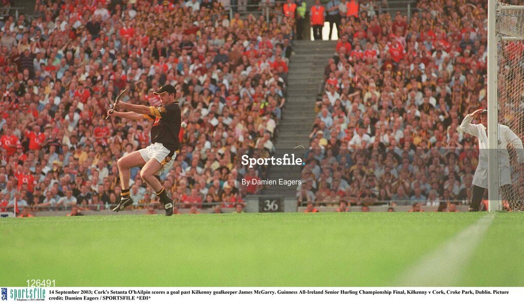 14 September 2003; Cork's Setanta O'hAilpin scores a goal past Kilkenny goalkeeper James McGarry. Guinness All-Ireland Senior Hurling Championship Final, Kilkenny v Cork, Croke Park, Dublin. Picture credit; Damien Eagers / SPORTSFILE