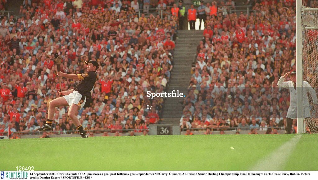 14 September 2003; Cork's Setanta O'hAilpin scores a goal past Kilkenny goalkeeper James McGarry. Guinness All-Ireland Senior Hurling Championship Final, Kilkenny v Cork, Croke Park, Dublin. Picture credit; Damien Eagers / SPORTSFILE