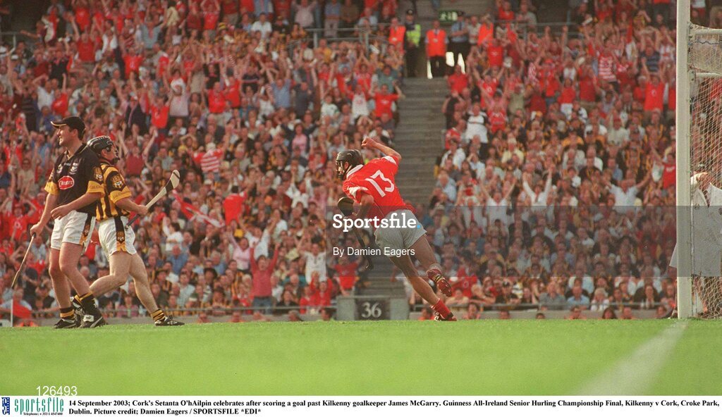 14 September 2003; Cork's Setanta O'hAilpin celebrates after scoring a goal past Kilkenny goalkeeper James McGarry. Guinness All-Ireland Senior Hurling Championship Final, Kilkenny v Cork, Croke Park, Dublin. Picture credit; Damien Eagers / SPORTSFILE