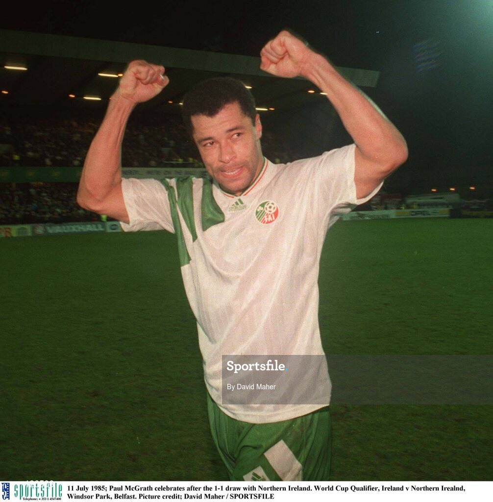 11 November 1995; Paul McGrath celebrates after the 1-1 draw with Northern Ireland. World Cup Qualifier, Ireland v Northern Irealnd, Windsor Park, Belfast. Picture credit; David Maher / SPORTSFILE