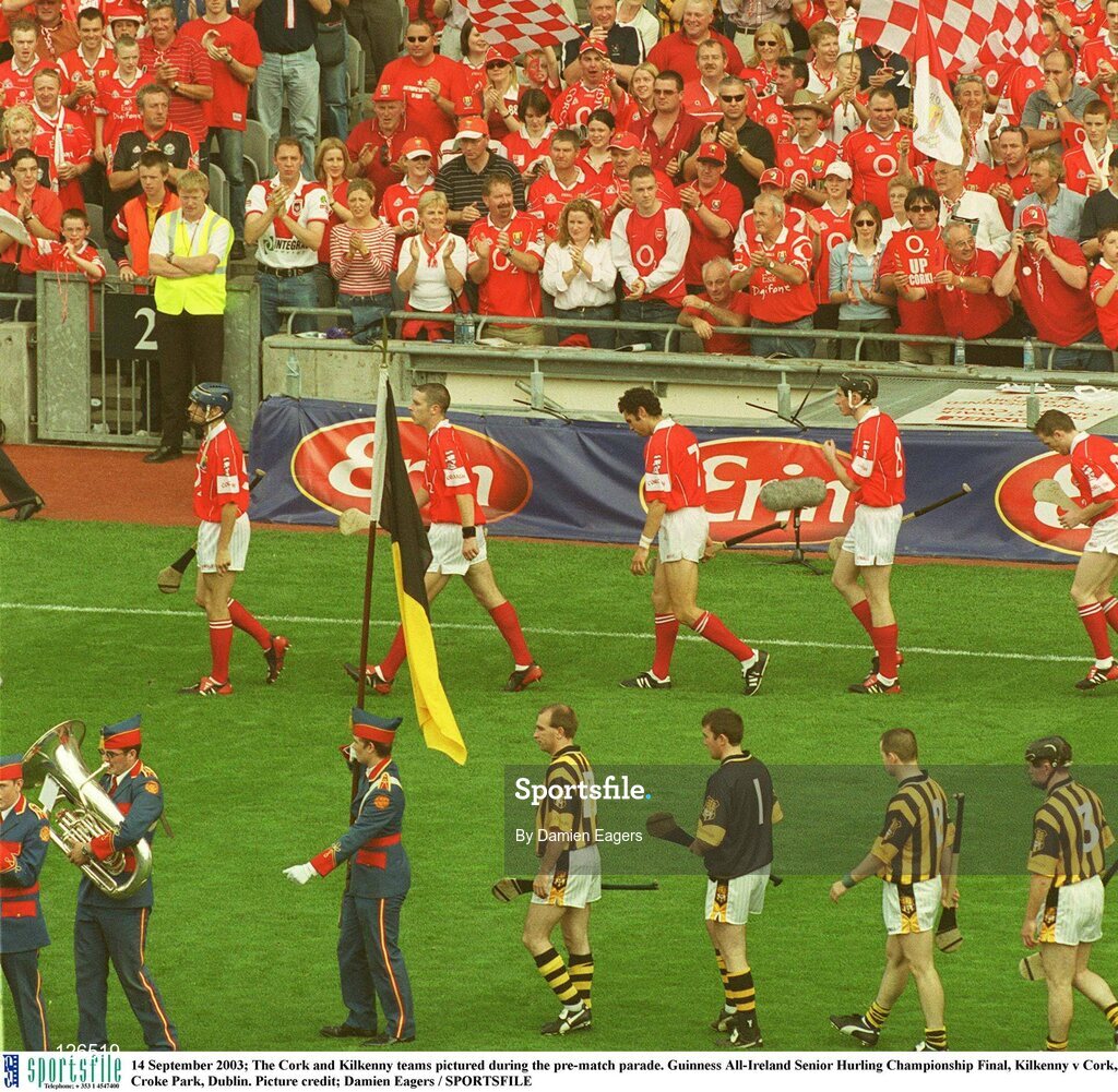 14 September 2003; The Cork and Kilkenny teams pictured during the pre-match parade. Guinness All-Ireland Senior Hurling Championship Final, Kilkenny v Cork, Croke Park, Dublin. Picture credit; Damien Eagers / SPORTSFILE
