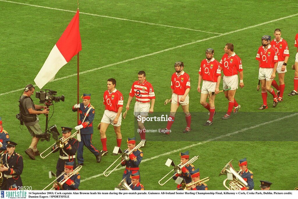 14 September 2003; Cork captain Alan Browne leads his team during the pre-match parade. Guinness All-Ireland Senior Hurling Championship Final, Kilkenny v Cork, Croke Park, Dublin. Picture credit; Damien Eagers / SPORTSFILE
