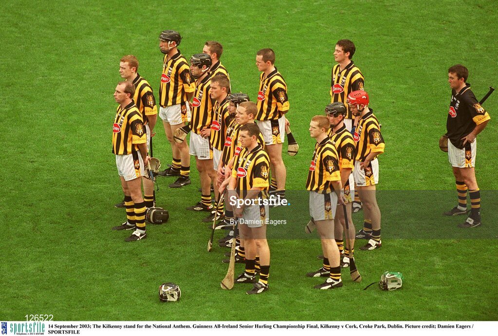 14 September 2003; The Kilkenny stand for the National Anthem. Guinness All-Ireland Senior Hurling Championship Final, Kilkenny v Cork, Croke Park, Dublin. Picture credit; Damien Eagers / SPORTSFILE