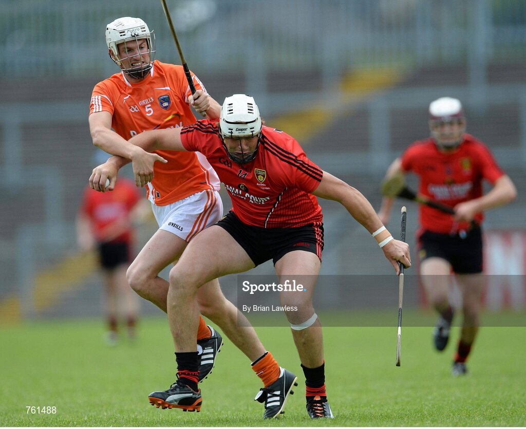 16 June 2013; Gareth Johnson, Down, in action against Padraig Hughes, Armagh. Ulster GAA Hurling Senior Championship Quarter-Final, Down v Armagh, Páirc Esler, Newry, Co. Down. Picture credit: Brian Lawless / SPORTSFILE