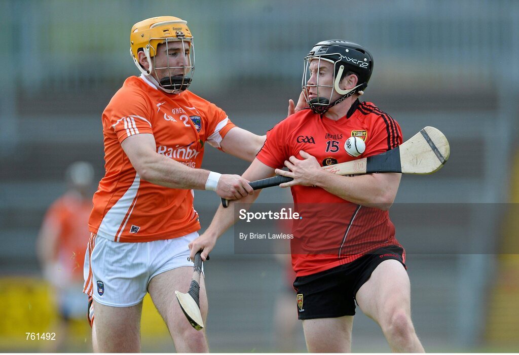 16 June 2013; James Coyle, Down, in action against Connor Devlin, Armagh. Ulster GAA Hurling Senior Championship Quarter-Final, Down v Armagh, Páirc Esler, Newry, Co. Down. Picture credit: Brian Lawless / SPORTSFILE