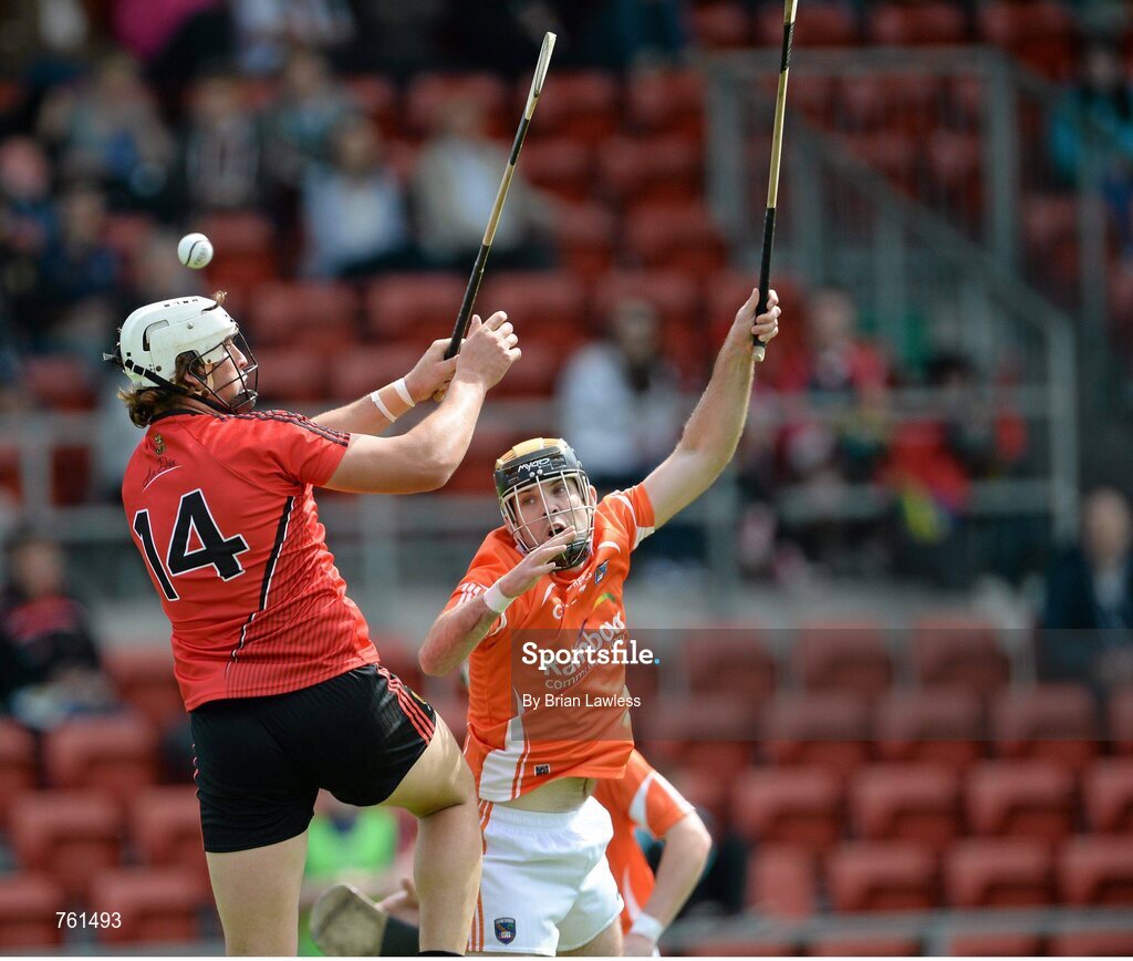 16 June 2013; Gareth Johnson, Down, in action against Ciaran Clifford, Armagh. Ulster GAA Hurling Senior Championship Quarter-Final, Down v Armagh, Páirc Esler, Newry, Co. Down. Picture credit: Brian Lawless / SPORTSFILE